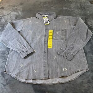 Seven7 Denim Button‎ Up Shirt Embroidered Flowers Long Sleeve Gray Womens Medium